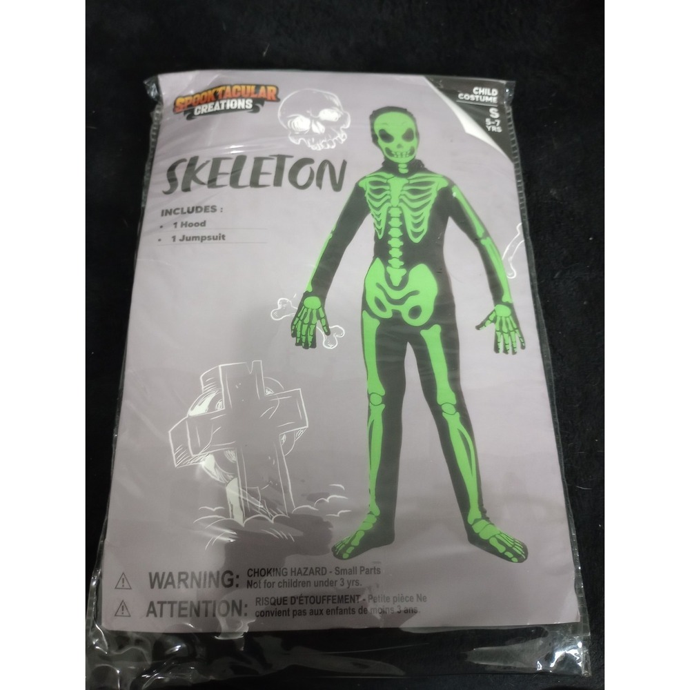 Kids Skeleton Halloween Costume Glow Green Black Jumpsuit Hood Size S 5-7...